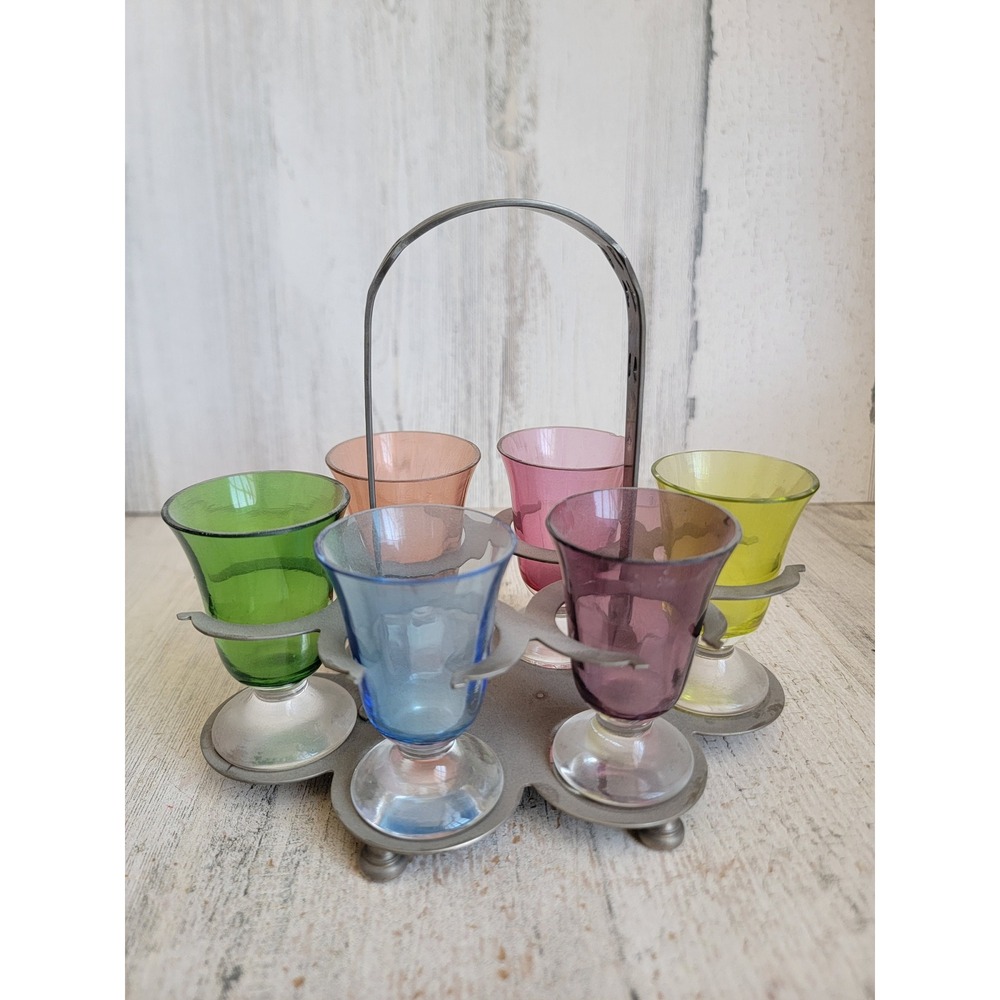Vintage rainbow Farber ware art deco shot tray metal multi color set home